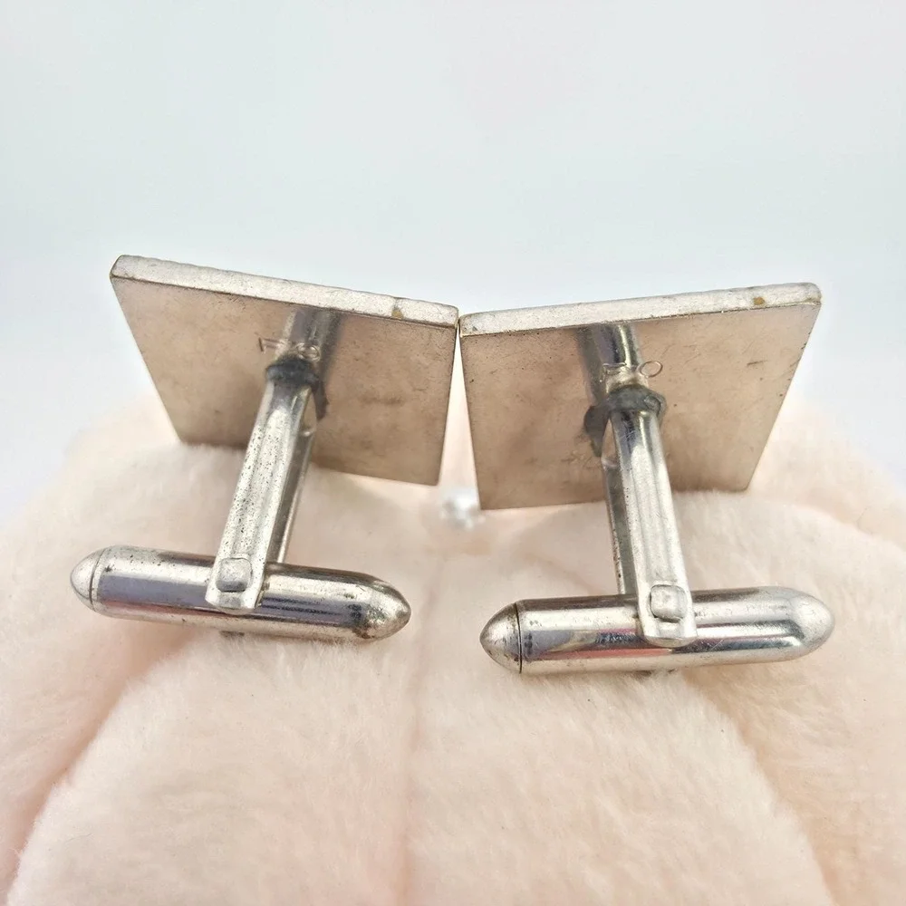 Vintage SWANK Square Cufflinks Engraved Arch Edge Art Deco Brushed Silver Tone